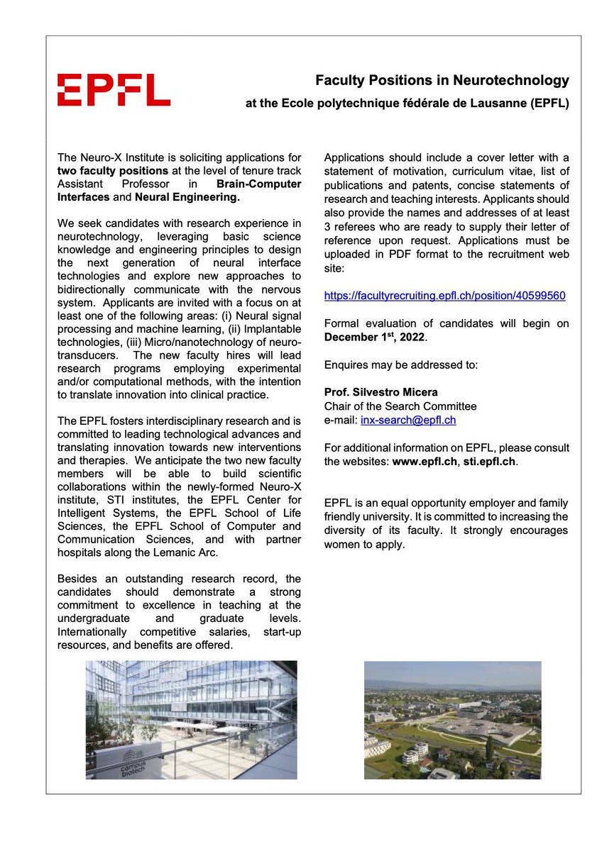 Hiring season is open! We have 2 junior faculty positions at EPFL on #BCI and #neural_engineering Apply before Dec 1, 2022 <a href="/EPFL_en/">EPFL</a>  <a href="/EPFLEngineering/">EPFL School of Engineering</a>