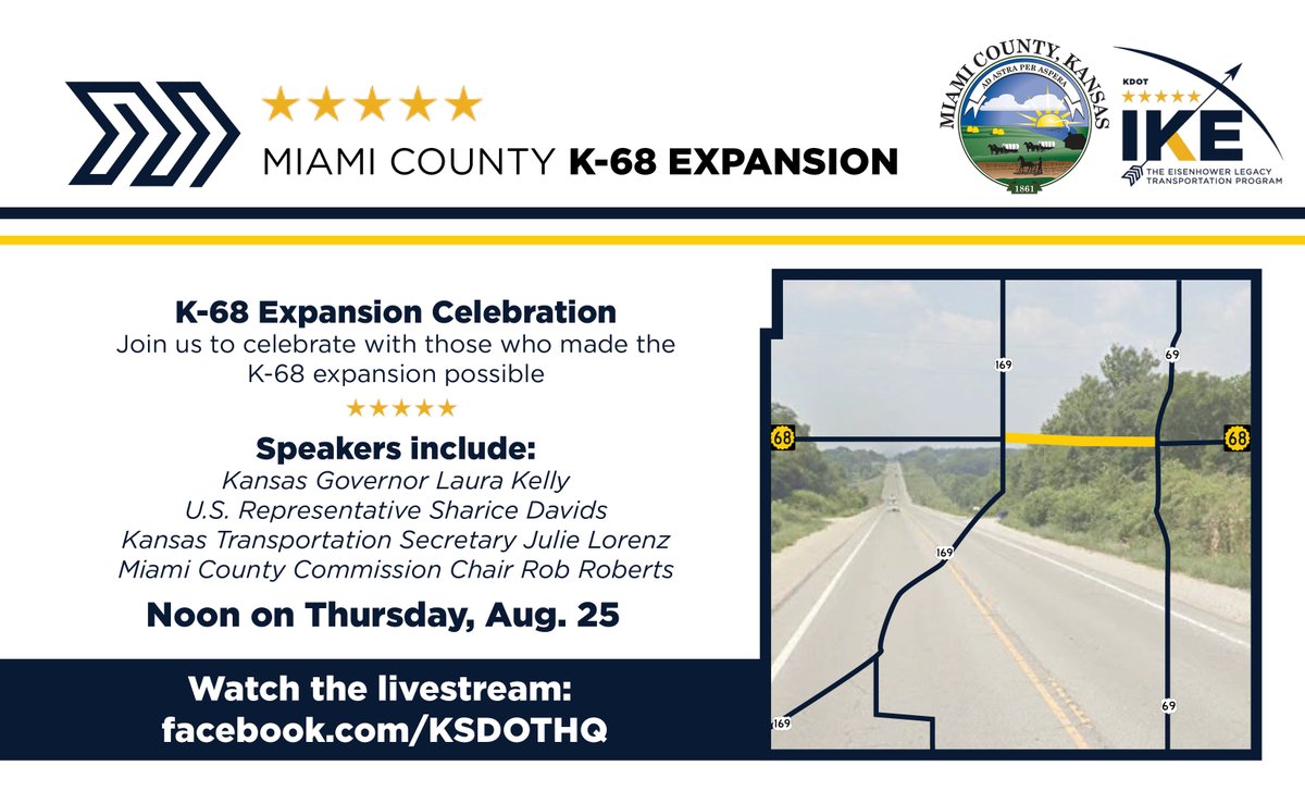 K-68 Expansion Project Celebration happening THIS Thursday! 
.<a href="/GovLauraKelly/">Governor Laura Kelly</a> and @SecJulieLorenz  will join <a href="/MiamiCountyKS/">Miami County, KS</a> officials as they celebrate the announcement of the K-68 expansion project. 
The event will be livestreamed on facebook.com/KSDOTHQ at noon!