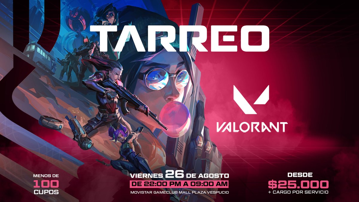 GameClubcl's tweet photo. ¡Este Viernes 26 de Agosto se viene un nuevo Tarreo!
Puedes jugar nuestros juegos, pero las actividades serán exclusivos de Valorant ¡Prepárate para una noche llena de gaming y diversión en nuestro local de Mall Plaza Vespucio! 🌃👾
👉 https://t.co/sXJ2mraxYy https://t.co/jje8bYTHut