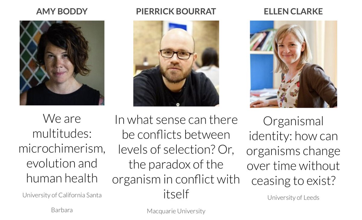 <a href="/amy_boddy/">Amy Boddy</a> on microchimerism 

<a href="/pierrickbourrat/">Pierrick Bourrat</a> on conflicts between levels of selection 

@elkobadelko on organismal identity