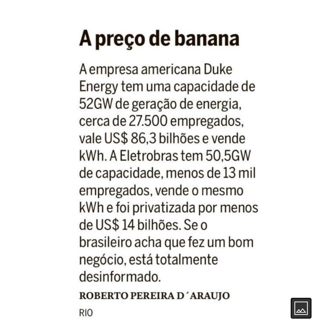 moreira_uallace's tweet photo. A destruição 

A venda da Eletrobras a preço de banana..

Um resumo de como Guedes/Bolsonaro estão destruindo as capacidades nacionais.

Estão fazendo a mesma coisa com as refinarias da Petrobras, fizeram com a BR distribuidora, com aeroportos..

É um projeto de destruição. https://t.co/OReM6JWAcB