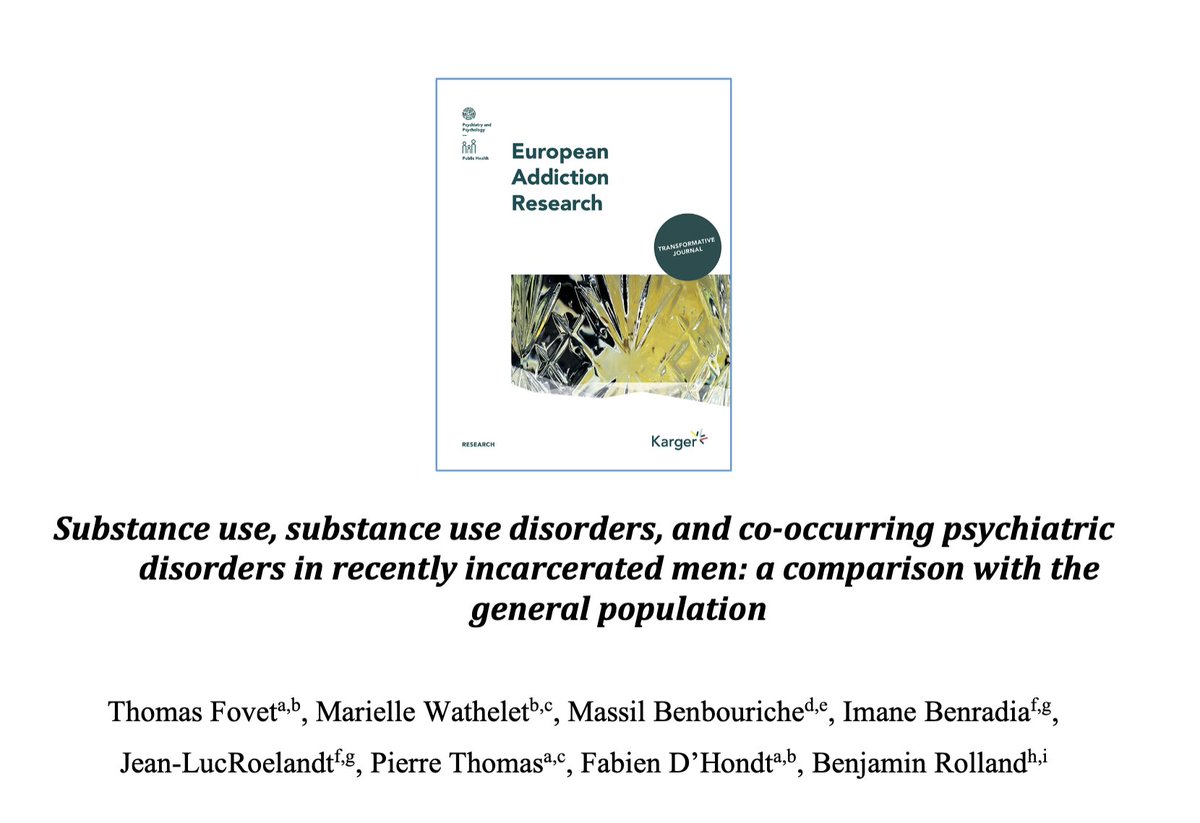 Nouvelle publication #SUAL à paraitre dans European Addiction Research: étude évaluant les usages de substances et prévalence de troubles addictifs en #prison. 1ere étude de ce type depuis presque 20 ans en France. Collaboration @CHU_Lille #CCOMS et SUAL addictolyon.fr/post/nouvelle-…