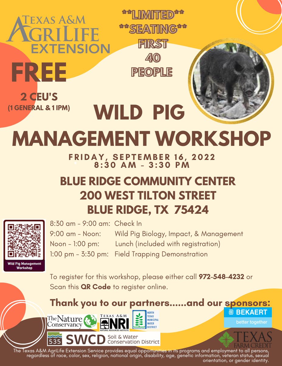 anr_co's tweet photo. Super excited to have @TexasFCS &amp; @Bekaert fencing joining us as sponsors for our #feralhog management workshop in Blue Ridge, TX on 9/16/22! We're working w/ @nature_tx, @NTMWD, @TAMU_NRI &amp; our SWCD to bring much needed demonstrations like this into our rural communities! https://t.co/gLaLmWboQC