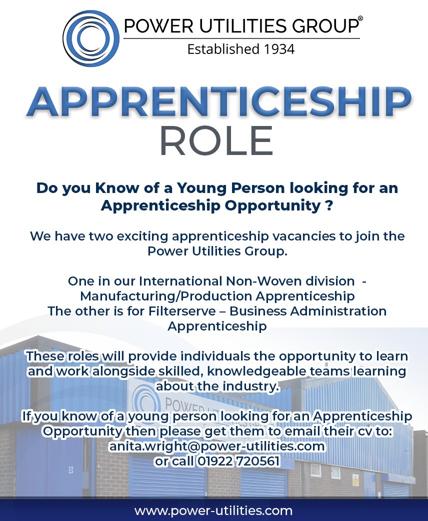 toolmarque's tweet image. Are you looking for an #apprenticeship #Opportunity?
These roles will allow individuals to learn and #work alongside skilled, knowledgeable teams whilst learning about the industry.
Send their #cv to:
anita.wright@power-utilities.com or call 01922 720561 
#uk #jobfair #Walsall