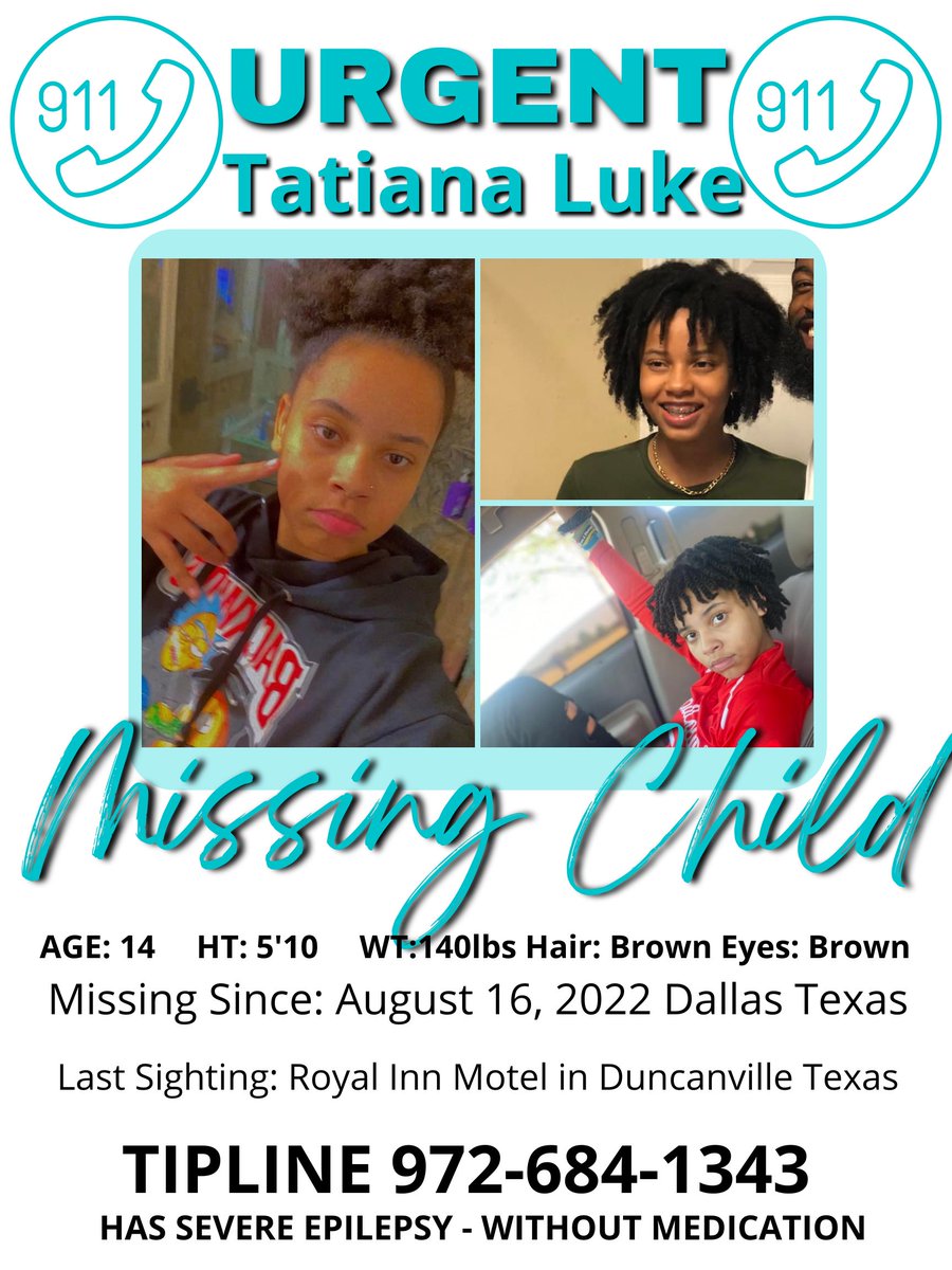 DarknessExposed's tweet photo. 💥💥MISSING with SEVERE EPILEPSY 💥💥
14-year-old Tatiana Luke has been #Missing since August 16, 2022.
Tatiana has SEVERE EPILEPSY. Without medication she may have breakthrough seizures.
Mom Speaks 👇👇
https://t.co/uQOHVXb7E4 https://t.co/MwiiUMnYh8