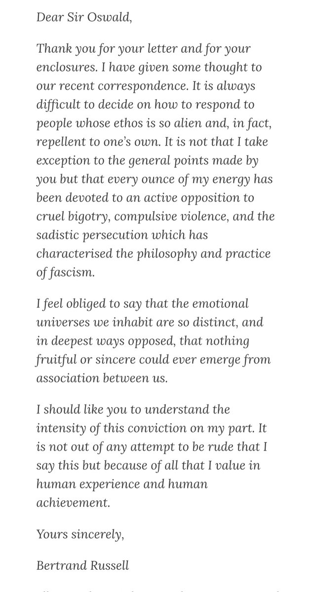 EmmettColeman's tweet photo. Sir Oswald Mosley founded the British Fascist Union when he became disillusioned with normal government. Bertrand Russell’s response to Mosley’s repeated attempts to discuss the “benefits of fascism” are once again - and always - of value. #Vote #DefendDemocracy https://t.co/xPQ3a6azcn