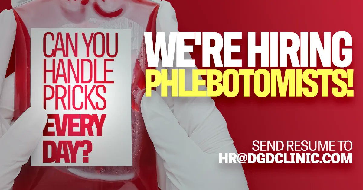 dgdclinic's tweet photo. We’re now #hiring #phlebotomists! Several positions are open. Send your resume to HR@DGDclinic.com or apply on Indeed @ https://t.co/WMVFnI9YGr https://t.co/RHSpOA2ev4