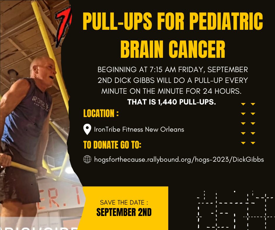 Team Fleur De Que (@fleurdeque) on Twitter photo Do you want to do 1,440 pullups? We don't want to either! However, our good friend Dick Gibbs is doing 1,440 pullups to raise awareness and money for Hogs for the Cause! Help him support families battling Pediatric Brain Cancer by donating at his page! 💪
hogsforthecause.rallybound.org/hogs-2023/Dick… Do you want to do 1,440 pullups? We don't want to either! However, our good friend Dick Gibbs is doing 1,440 pullups to raise awareness and money for Hogs for the Cause! Help him support families battling Pediatric Brain Cancer by donating at his page! 💪
hogsforthecause.rallybound.org/hogs-2023/Dick…