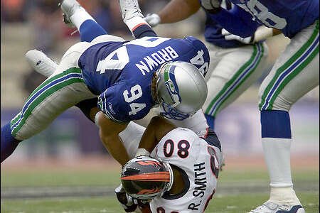 MichaelSlack801's tweet photo. LB Chad Brown hits WR Rod Smith for a loss in the third quarter 10/14/01. With Trent Dilfer, playing for the second straight week in place of Matt Hasselbeck the Seattle Seahawks beat the Denver Broncos 34-21. #Seahawks #BroncoBusters https://t.co/xGLqx5Cpb4
