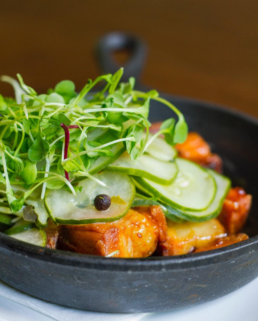 StockyardBurger's tweet photo. Get in my Belly! 
Pork Belly Bites Tossed in Asian Sauce &amp; served with Pickled Cucumbers #PorkBellyBites #tablefeeds #StockyardBurgersandBones #starter #foodie https://t.co/EFWb5WLWUk