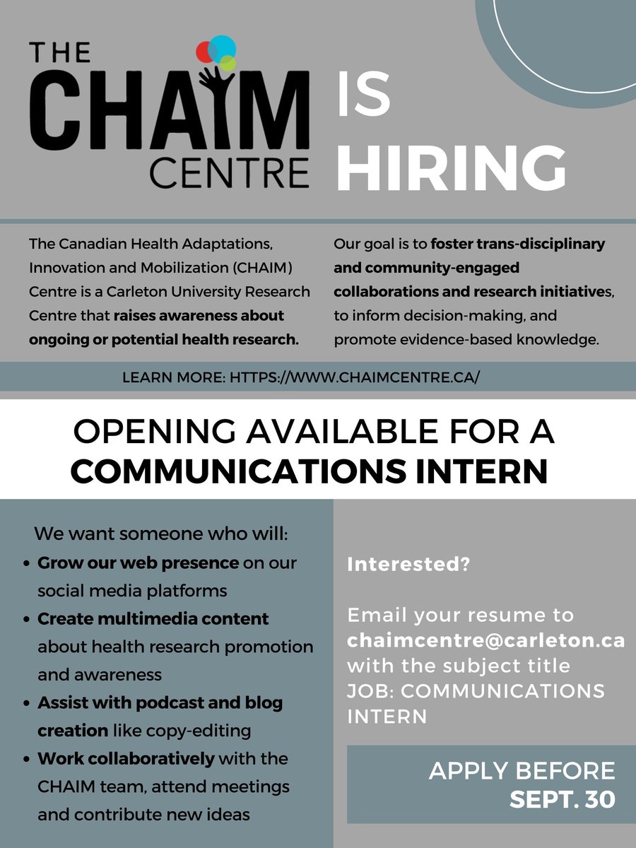 We're #hiring a new communications intern! If you want to make scientific research accessible, send your resume to chaimcentre@carleton.ca with the subject title JOB: COMMUNICATIONS INTERN before Sept 30! 

#hiring #job #recruitment #socialmedia #intern #communications #carleton