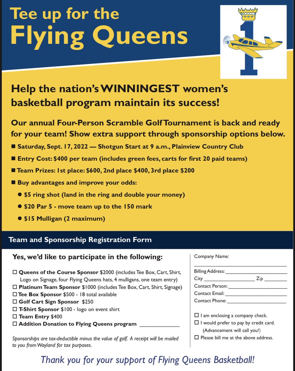 FlyingQueensWBB's tweet photo. It’s that time of the year again! Grab some of your golfing buddies and join the Flying Queens for our annual Scramble Golf Tournament!

If you can’t make it, do you have a business? Would you like to help sponsor? Check out some of our sponsorship options below!⬇️ https://t.co/UajD2sRamK