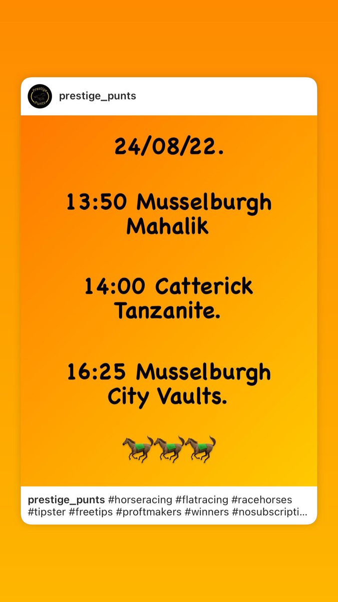 Prestige_Punts's tweet photo. #horseracing #flatracing #racehorses #tipster #freetips #proftmakers #winners #nosubscription #getinvovled #prestige_punts #likeshareandfollow #RETWEET #RT https://t.co/gCNfXCe4pq