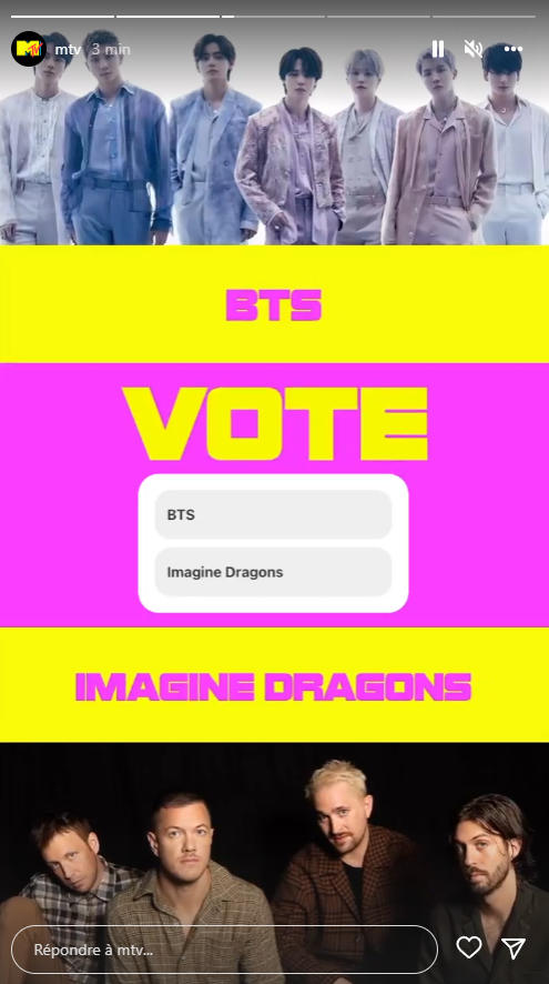 ARMYFRANCE_'s tweet photo. [@BTS_twt x @vmas]

N'oubliez pas de voter dans la story Instagram de MTV pour la catégorie 'Groupe de l'année'.

🔗https://t.co/UYKU9XdPt9

#BTS #방탄소년단 https://t.co/AuHAd76X5T