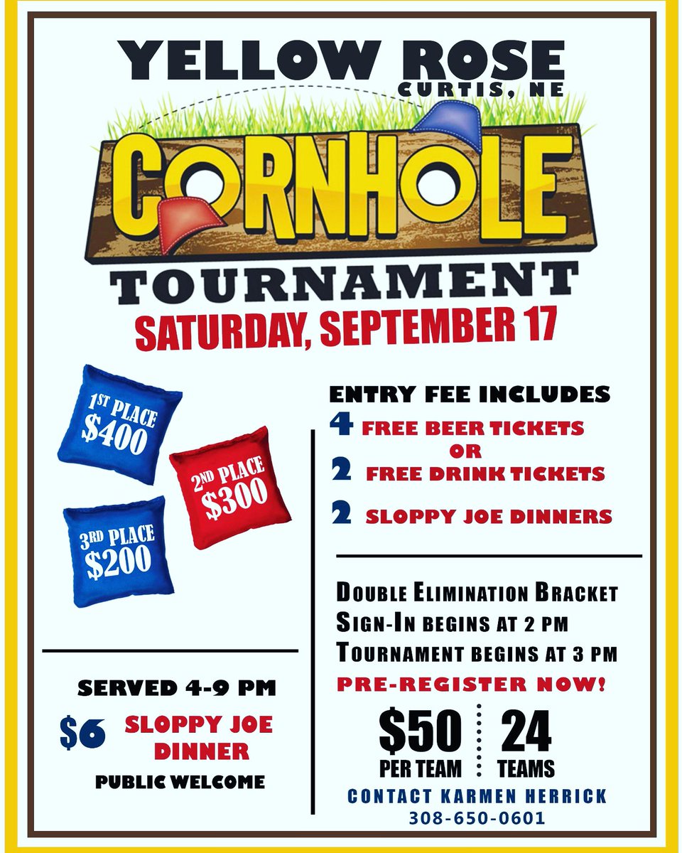 cucu_68's tweet photo. Get your teams together for the Yellow Rose 5th Annual Cornhole Tournament during Curtis Fall Festival! 
Pre-Register to guarantee a spot! https://t.co/F3EujevAvh