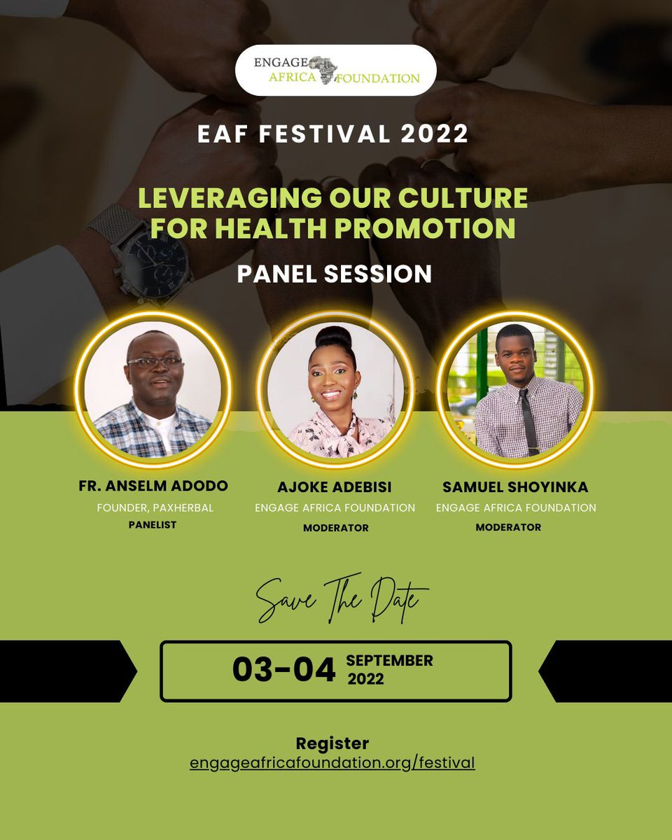 EngageAfricaFdt's tweet photo. At the festival, we will explore how culture can be leveraged as an asset for improving the health of communities. With @anselmadodo, @ShoyinkaS and @ajokeadebisi_ on this panel, you definitely do not want to miss it. Register here: https://t.co/jr5e8XnJk9 #EAFFestival2022 https://t.co/KtuXZdfzmP