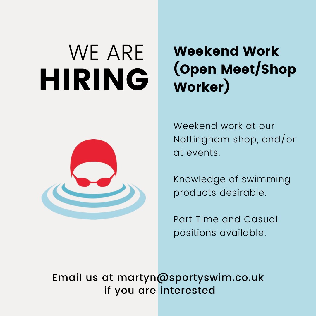 Are you looking for part time or casual weekend work? Do you have a knowledge of swimming products? Drop us an email at martyn@sportyswim.co.uk if you are interested in working as part of our SportySwim team!