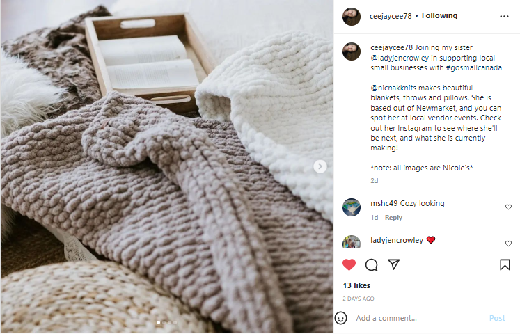 eQuoShift's tweet photo. Check out #GoSmallCanada accidental entrepreneur Nicole and her handmade chunky knit blankets & home decor business NicNakKnits at https://t.co/UF29i2hvc2.
Share your #hiddengems using the #GoSmallCanada & #city hashtags & then post on social media to support your fave small biz! https://t.co/yPVJ7uXvET