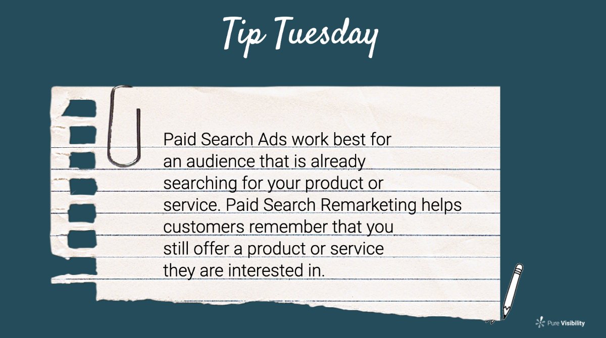PureVisibility's tweet photo. Paid search ads or paid search remarketing? #TipTuesday #PPC https://t.co/35cQVXMALq