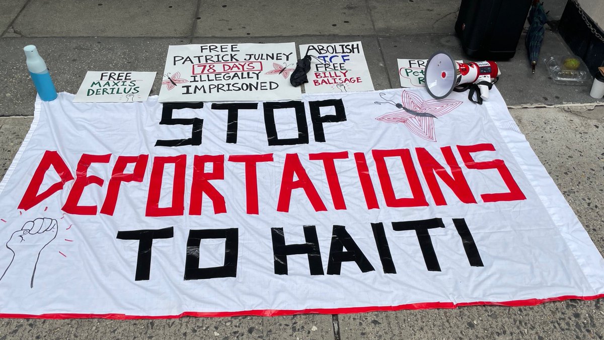 AmicaCenter's tweet photo. Stop deportations to Haiti now! Rally at the Haitian Consulate to demand the release of Patrick Julney, Peterson Rosier, Jean Bertrang Casimir, and others illegally imprisoned in Haiti.
#FreeThemAll #BlackLivesMatter #FreePatrickJ https://t.co/uhVzjBqjtf