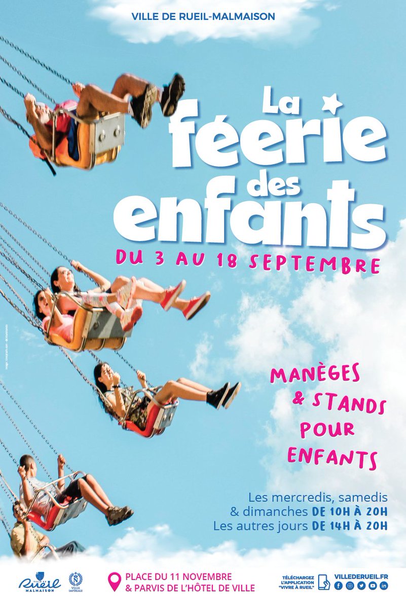 villederueil's tweet photo. 🎠 Du 3 au 18 septembre, la féerie des enfants s'installe à #Rueil-Malmaison. Les petits Rueillois pourront profiter de nombreux #maneges sur le parvis de l'hôtel de ville et sur la place du 11-novembre 

Plus d'infos ▶ https://t.co/OjoBVHYY5W https://t.co/q7SPLGOrvD