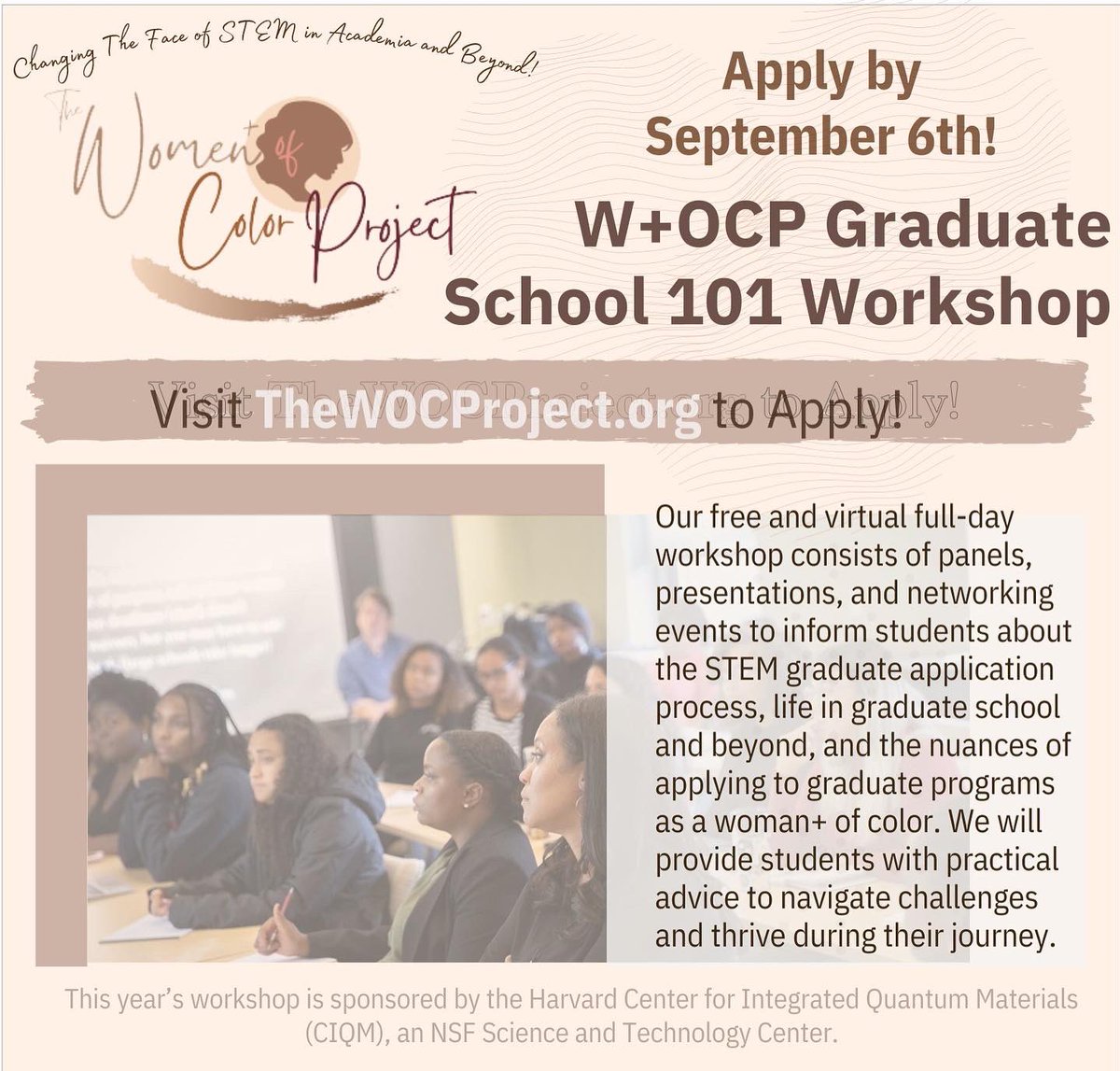 theWOCproject's tweet photo. Applications due Sept 6th! Spread the word 🗣  @AcademicChatter @realscientists @500womensci @AWISNational @mysteamid #WomenInSTEM #WOCinSTEM #wocp2022 #gradschool https://t.co/WlgLCLKLuJ