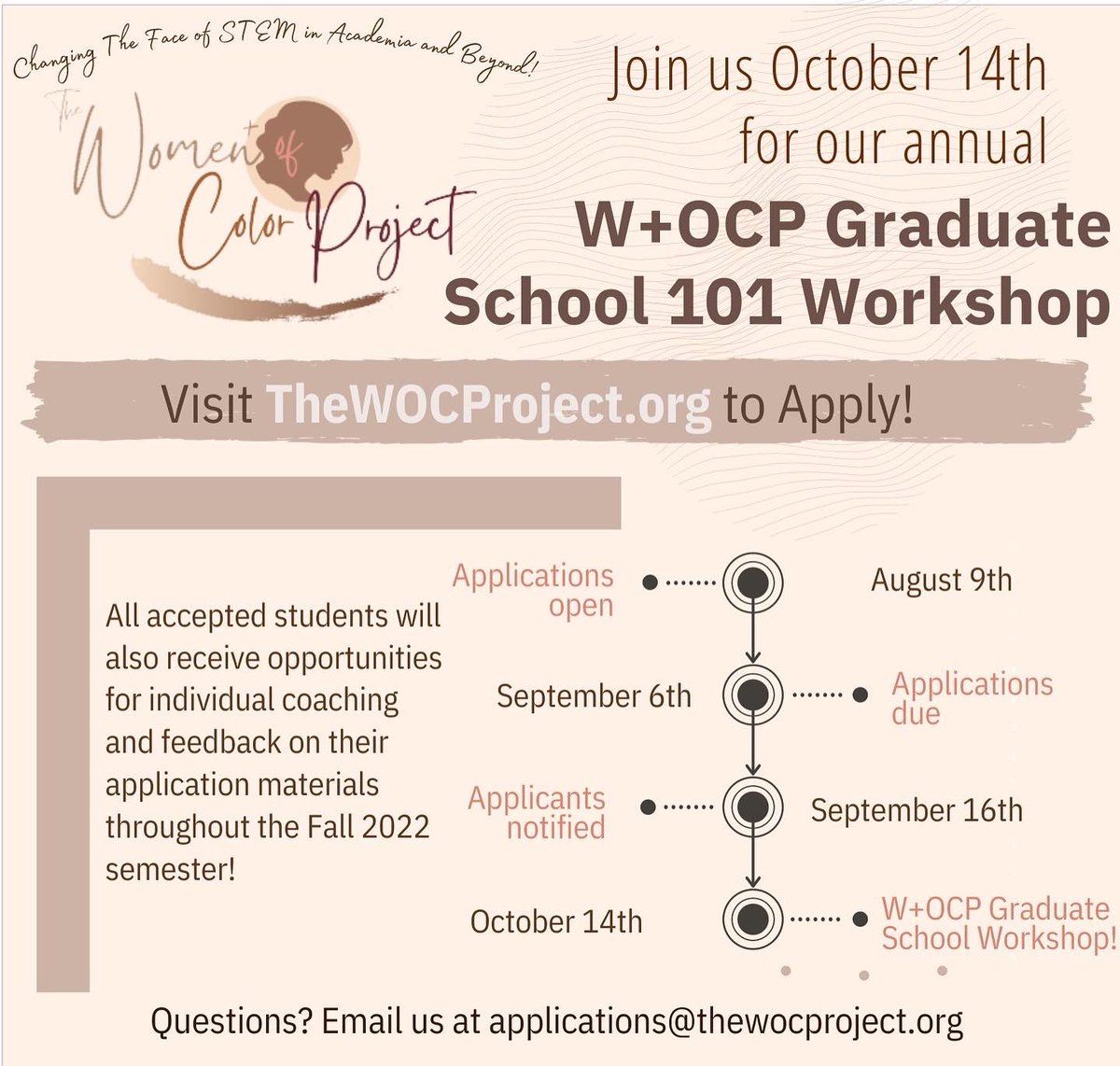 theWOCproject's tweet photo. Applications due Sept 6th! Spread the word 🗣  @AcademicChatter @realscientists @500womensci @AWISNational @mysteamid #WomenInSTEM #WOCinSTEM #wocp2022 #gradschool https://t.co/WlgLCLKLuJ