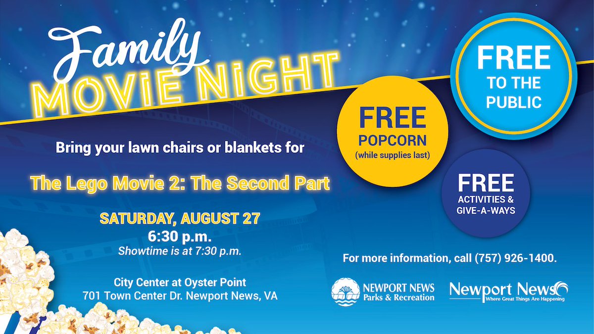 nnfestivals's tweet photo. Join us this Saturday from 6:30 - 9 PM at City Center at Oyster Point for a free outdoor movie - The Lego Movie 2: The Second Part.  Visit https://t.co/OR23S9sG9c for more details. https://t.co/VW2EBLcDiA