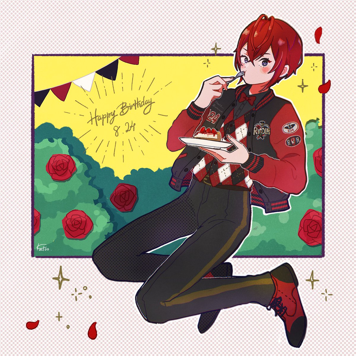 1boy red hair male focus flower food solo happy birthday  illustration images