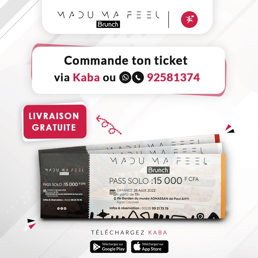 kabadelivery's tweet photo. Vos tickets pour le @MaduMafeel sont dispo en livraison gratuite sur Kaba.
Partez à la découverte des 5 régions du Togo (culinairement + culturellement) lors de cet événement caritatif, le 28 août 2022.
#kabadelivery #TgTwittos #MaduMaFeelBrunch #madeintogo #tonticketkaba https://t.co/qER34wNROB