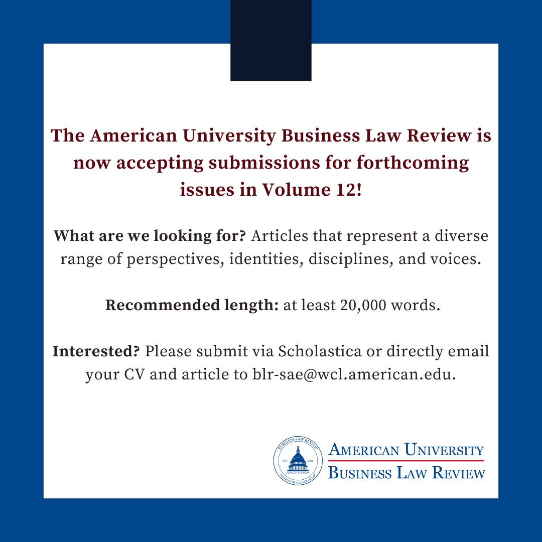 The American University Business Law Review is the first comprehensive business law journal founded in the nation's capital and is currently ranked #19 for issues relating to business and securities law!