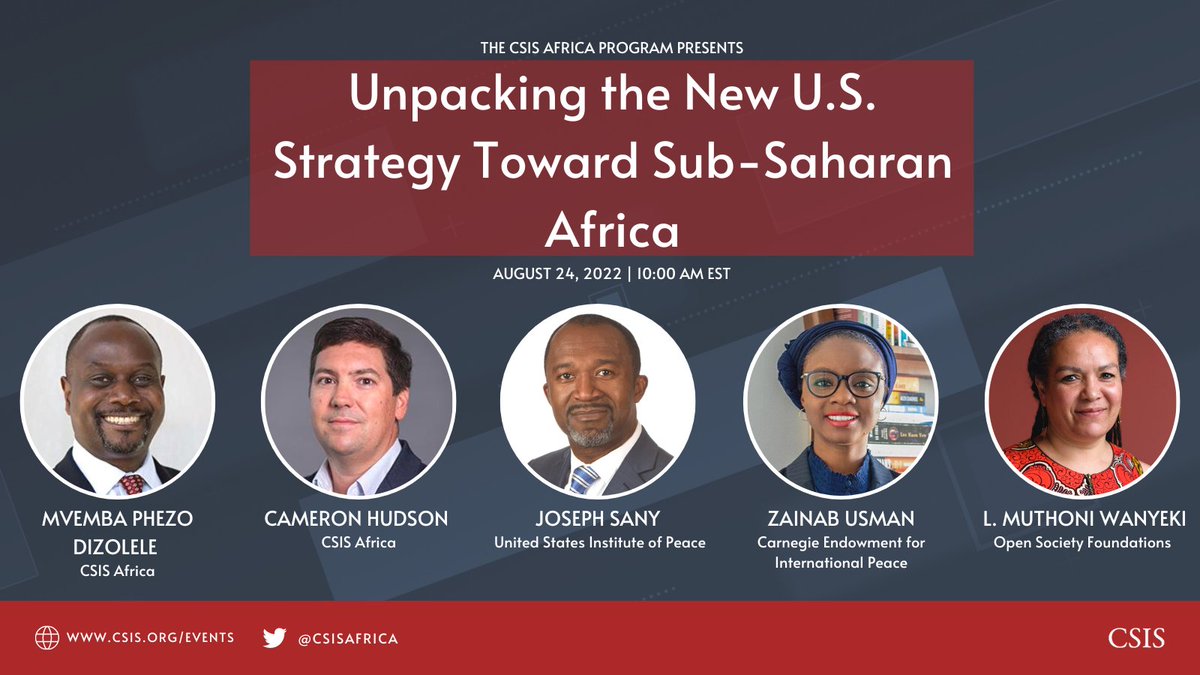 TOMORROW: 

Join Mvemba for a conversation on the objectives of the U.S. Strategy Toward Sub-Saharan Africa, ft. panelists Cameron Hudson (<a href="/CSISAfrica/">CSIS Africa Program</a>), Joseph Sany (<a href="/USIP/">U.S. Institute of Peace</a>), Zainab Usman (<a href="/CarnegieEndow/">Carnegie Endowment</a>), &amp; L. Muthoni Wanyeki (<a href="/OpenSociety/">Open Society Foundations</a>).
Register here: bit.ly/3T614Cj