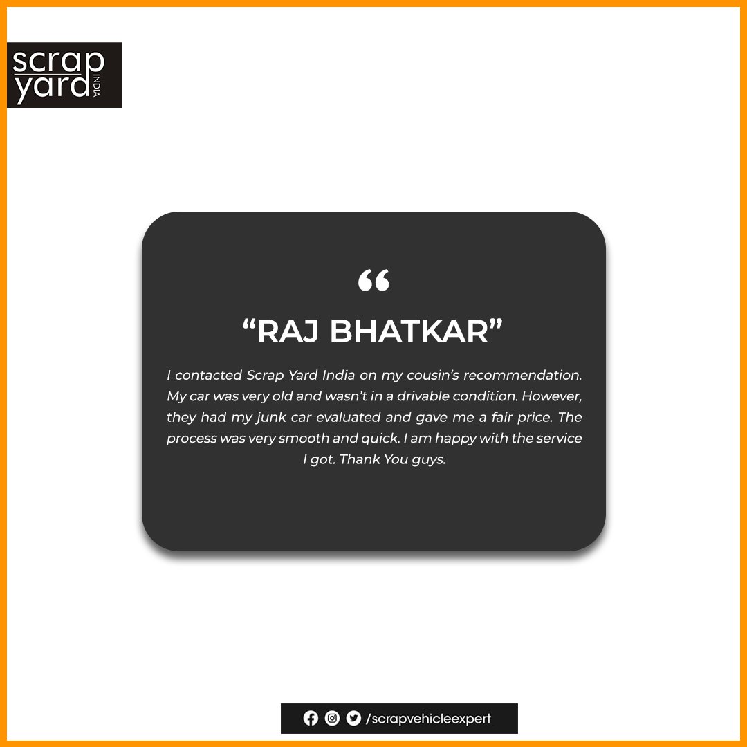 scrapvehicleexp's tweet photo. Happy to hear about the experience of a responsible citizen. You must not worry if your scrap vehicle is not in a drivable condition. We accept junk vehicles of every kind.

Visit  https://t.co/MGEce6K0Mf to know more about us. 

#scrapyardindia #customerreview #satisfiedcustomer https://t.co/1AHpE4Da24