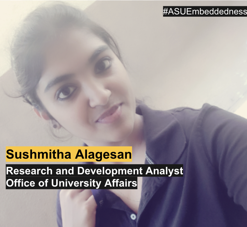 ASUEmbeddedness's tweet photo. Meet a Student Staff Member Monday! Sushmitha is a student in @ASUEngineering at ASU majoring in Information technology with Big Data and deep learning concentration. She earned her bachelor's degree in Computer Science at Anna University Chennai, India
#ASUembeddedness https://t.co/z6ypsVw7Vf