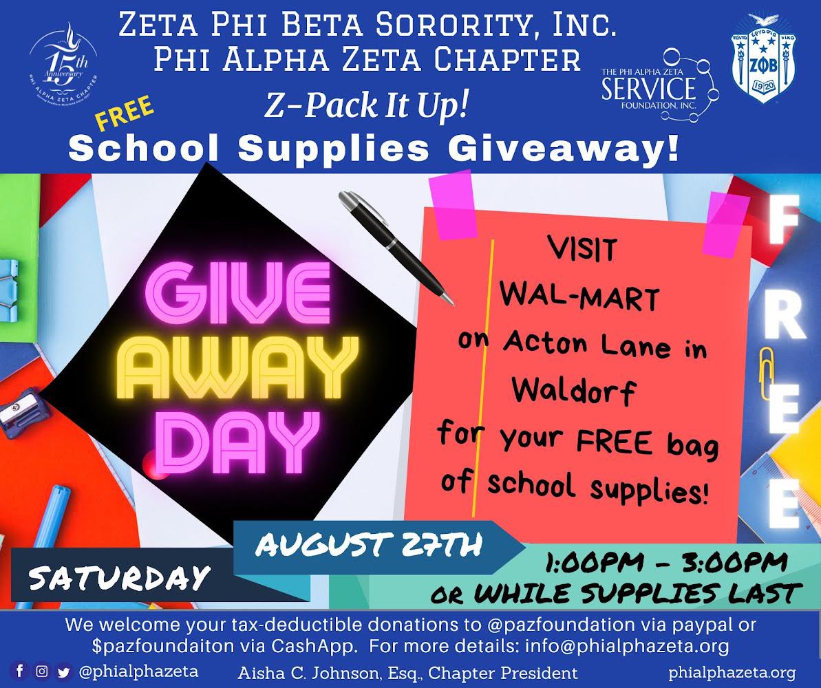 PhiAlphaZeta's tweet photo. STUDENTS &amp; PARENTS: SATURDAY 8/27, Drop by WalMart on Acton Lane in Waldorf for a free bag of school supplies, from 1-3 pm or while supplies last. If you don’t need supplies, consider a tax deductible donation to our foundation. 
#back2school #scholarship #CharlesCountyZetas https://t.co/hTqteWDuQR