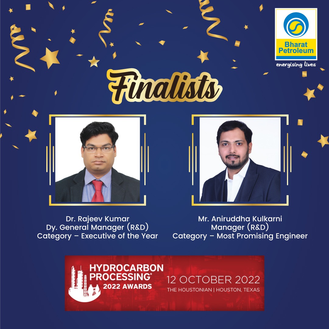 BPCLimited's tweet photo. #BPCL Scientists from Corporate Research Development Center, Dr. Rajeev Kumar, Dy. Gen. Manager (R&amp;D) &amp; Aniruddha Kulkarni, Manager (R&amp;D) have been declared as Finalists in Hydrocarbon Processing’s #HPAwards 2022 for “Executive of the Year” and “Most Promising Engineer”. https://t.co/MNMgijRtko