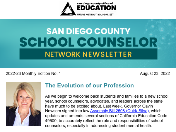 The first edition of the 2022-23 San Diego County School Counselor Network Newsletter published today! conta.cc/3AFiEFQ