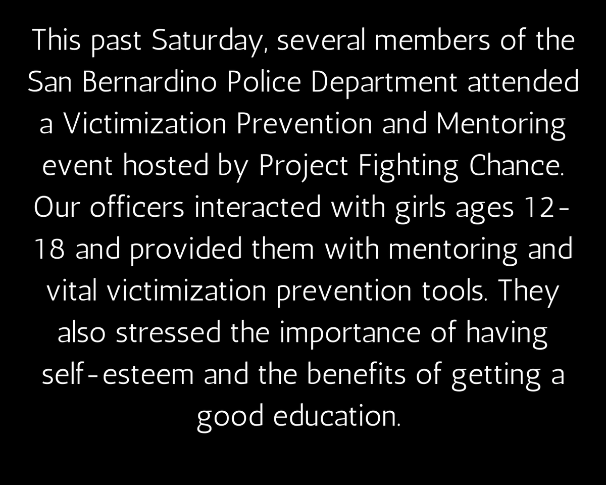 SanBernardinoPD's tweet photo. This past Saturday, several members of the #SanBernardinoPoliceDepartment attended a Victimization Prevention and Mentoring event hosted by #ProjectFightingChance. Our officers had a great time interacting with these amazing young ladies.
#CommunityOverEverything https://t.co/zOAIblGJwn