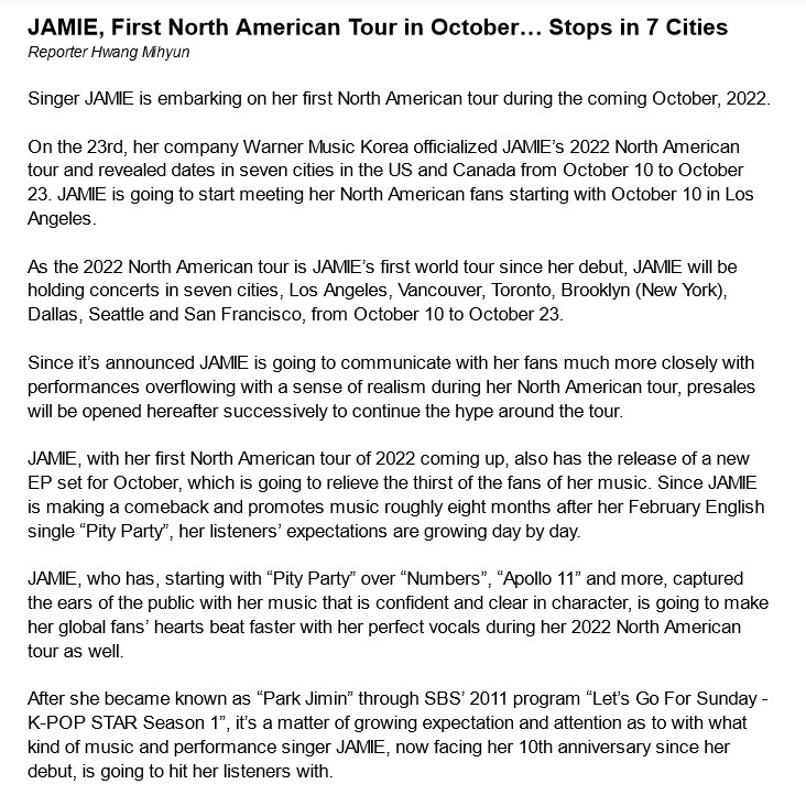 OGJsubs's tweet photo. [ARTICLE]
“JAMIE, First North American Tour in October… Stops in 7 Cities” by Hwang Mihyun

Translation in picture
Original link: https://t.co/nA1h51nxSz
#JAMIE #제이미 https://t.co/dDCZiWhRqU