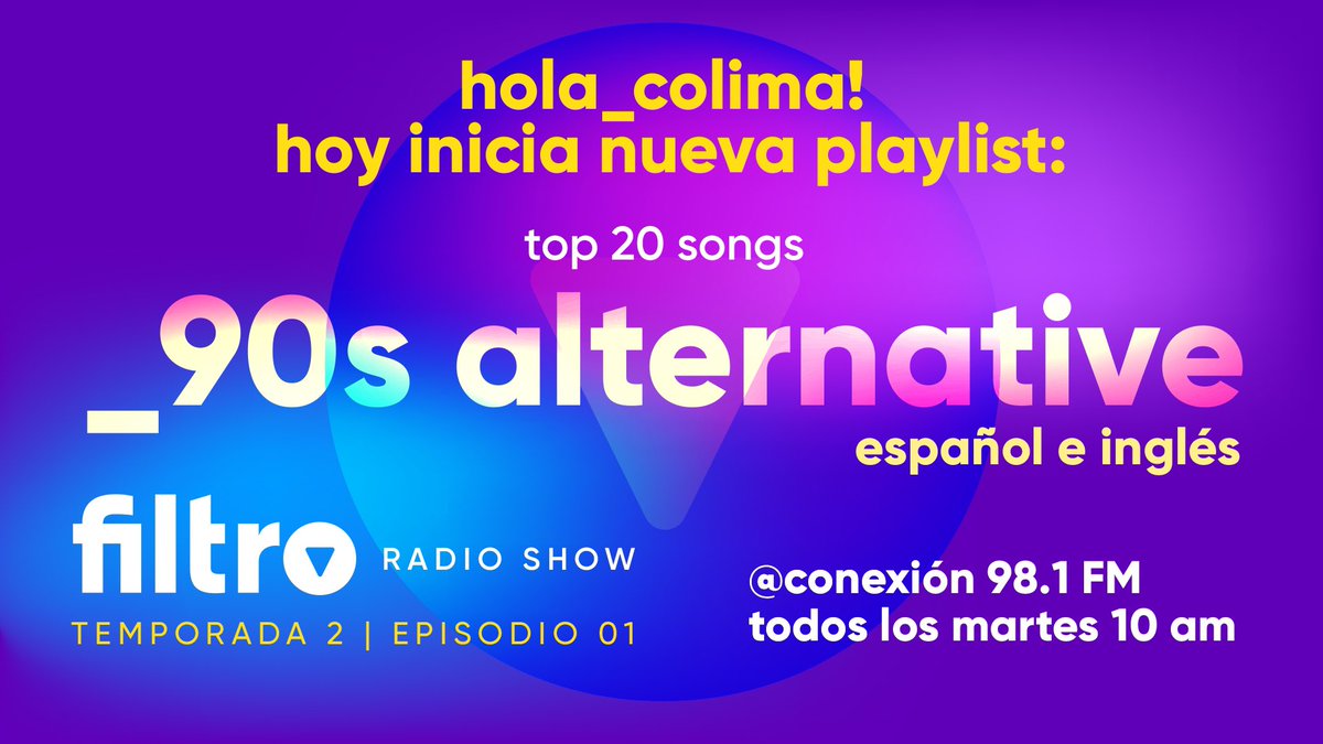 holafiltro's tweet photo. Ya comenzó la T2 de FILTRO en @conexion981. Ahora es el turno de un Top20 de lo mejor de la música alternativa en inglés y español de los 90.

#DemocraciaMusical #LaMúsucasefumaconFiltro https://t.co/QPEp5MDOXO