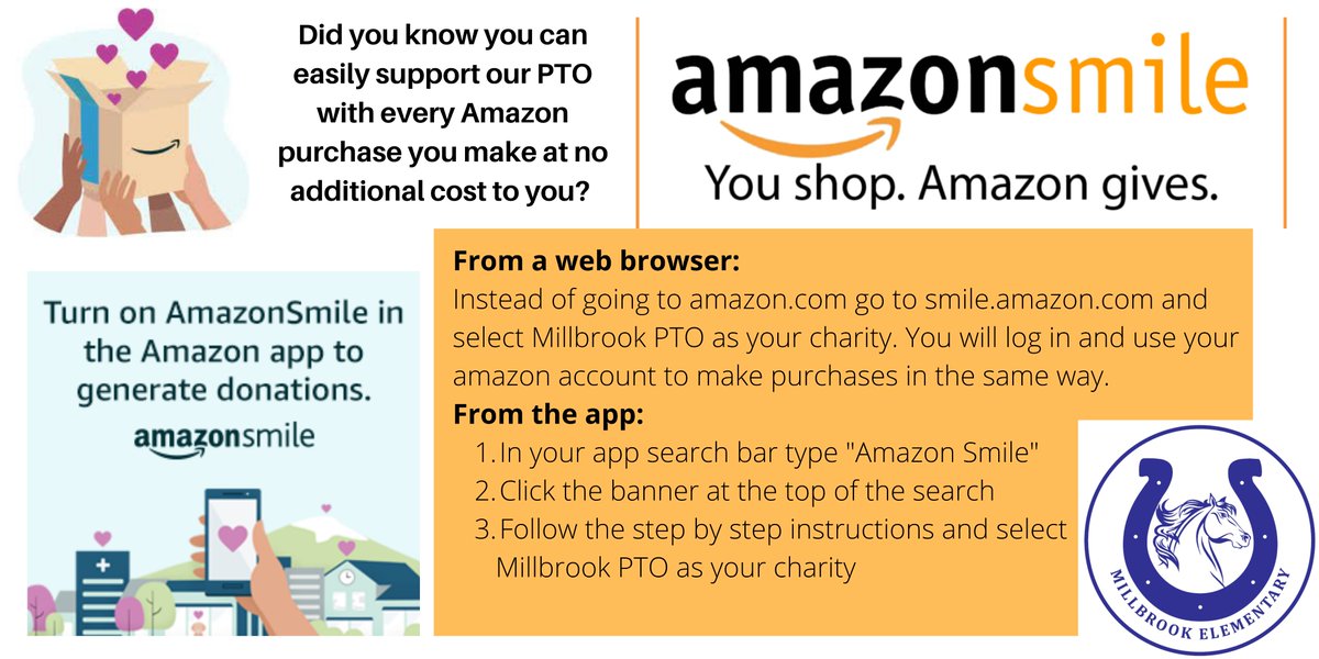 Did you know you can easily support our school PTO with every Amazon purchase you make at no additional cost to you? Click on the photo/graphic for more information. #MillbrookPRIDE #millbrookfamily #ourptorocks #fundraiser