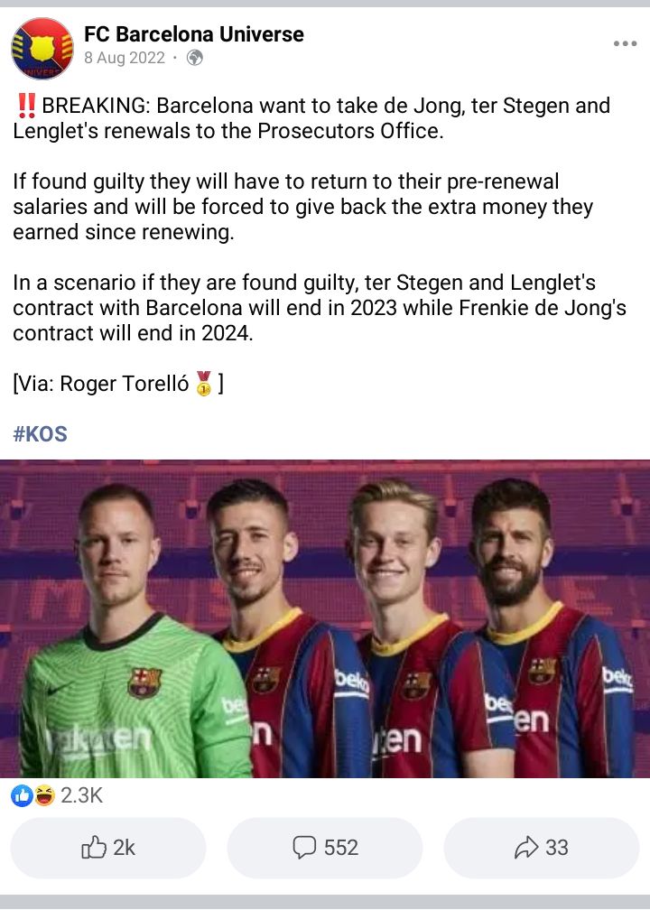 officialbrogs's tweet photo. @jj_bull are tifo or athletic planning on running a story on all these "Barcelona fan pages" that all at once started spending 10s of thousands advertising posts like this on Facebook. I went from 0 to 20+ different pages appearing on my timeline all pushing the same false story https://t.co/I35ji43Xe7