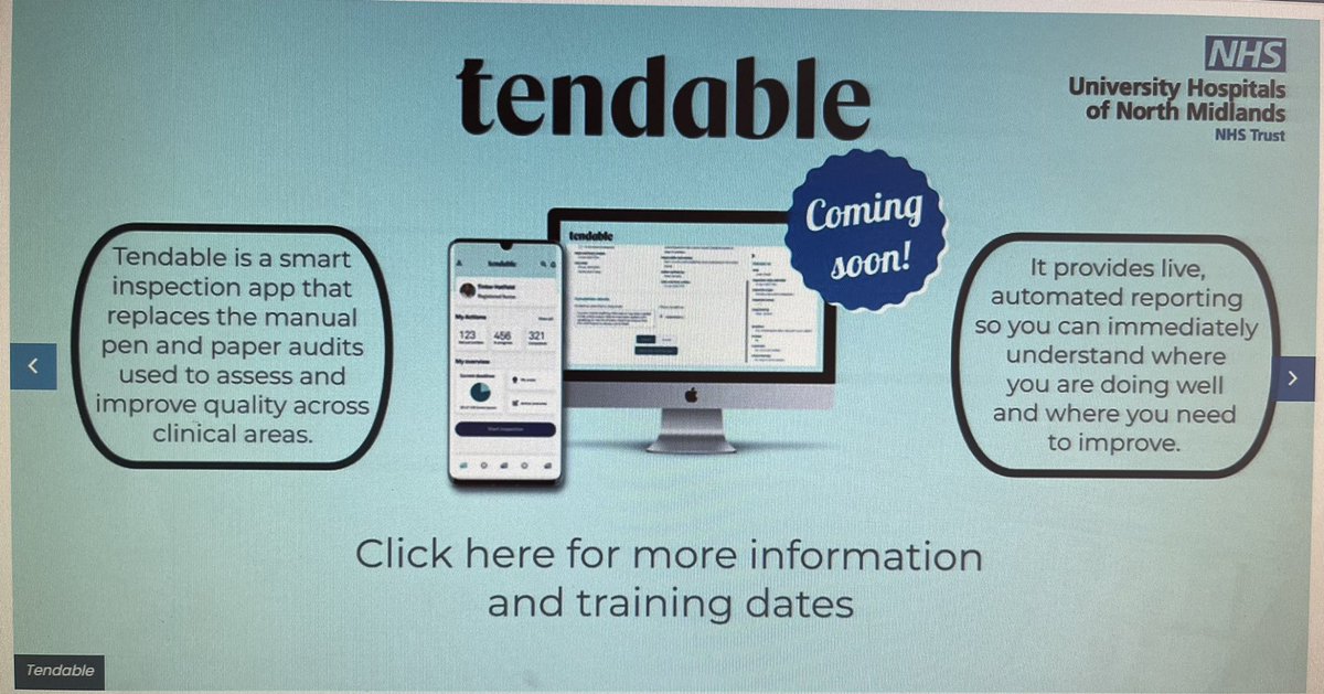 Emluxford40's tweet photo. Training commenced today at County Hospital for Tendable. Have loved seeing so many staff excited about the introduction of Tendable and the Clinical Excellence Audit (CEA) @WeAreTendable @AnnMarieRiley10 @scott1malton @Simon__Rodger @teamqualityuhnm https://t.co/0m8tvxdxQ5