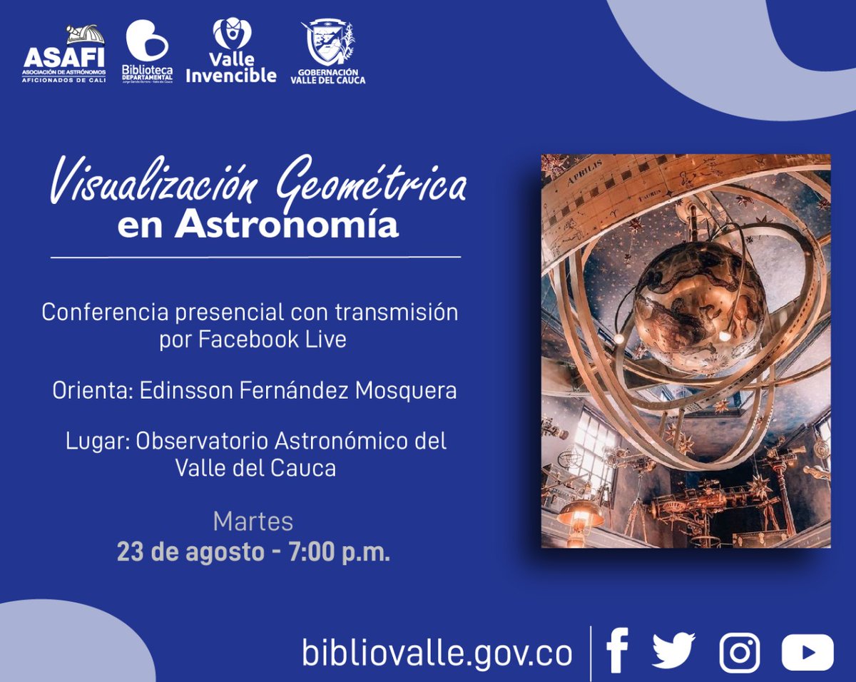 AstroASAFI's tweet photo. "Visualización Geométrica en Astronomía" 📐🌐💠

¡Conferencia presencial en @Bibliovalle
 y por #FacebookLive! 

Hoy martes 23 de agosto, 7 p.m. hora #Colombia 
Orienta: Edinsson Fernández Mosquera
.
Más eventos en https://t.co/dOpjBbJdVZ

#Astronomía
 #Live #Online #EnLínea https://t.co/1qtzpniPu8