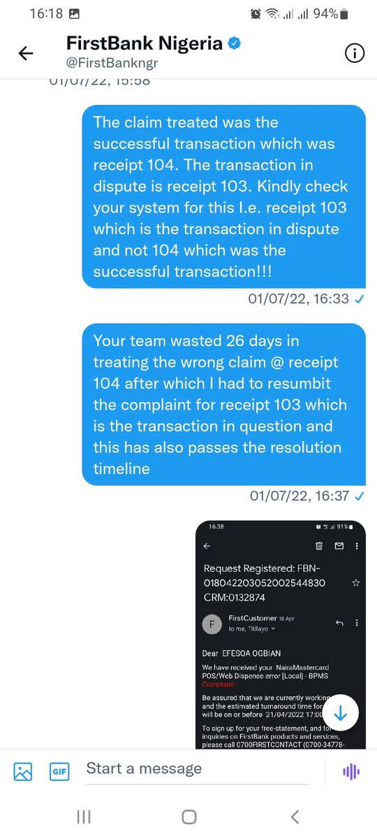 monique4me's tweet photo. A failed transaction of 50,419.50 on the 15th of April is yet to be resolved despite my numerous visit to the bank and calls to first contact @cenbank kindly help with the resolution @FirstBankngr has refused to provide the transaction journal for receipt 103 https://t.co/pdQiL2VjFD