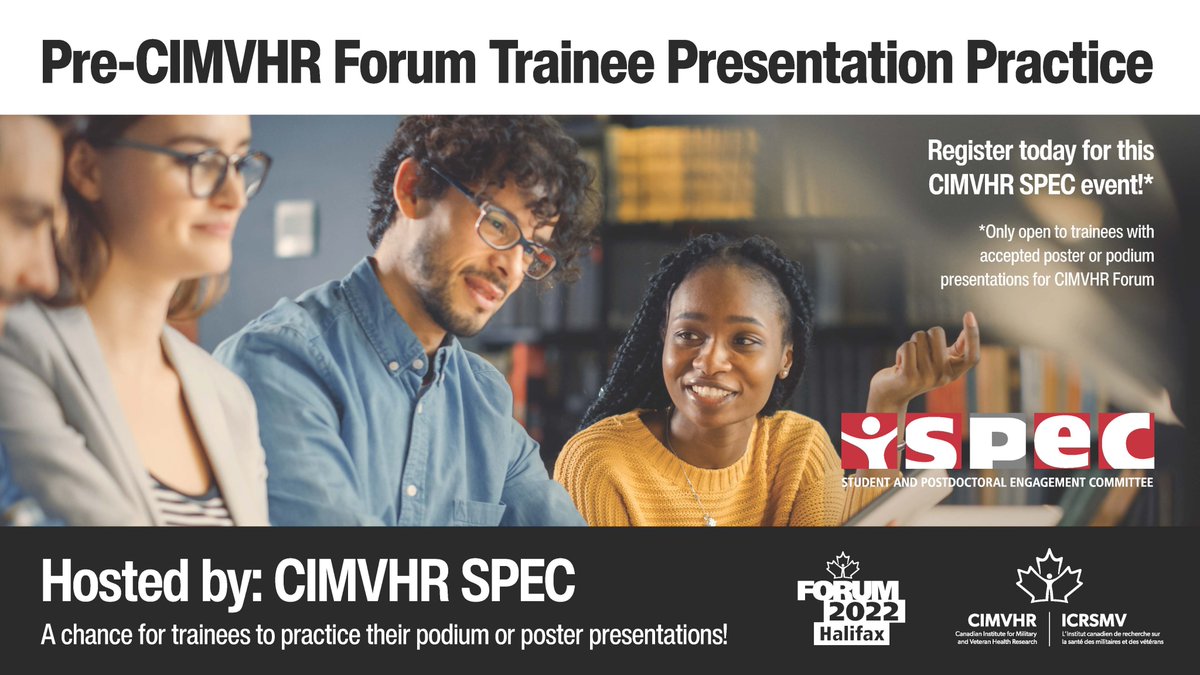 CIMVHR_ICRSMV's tweet photo. #CIMVHRForum 2022 is just around the corner. Come join #CIMVHRSPEC and our expert mentors at one of our student presentation practice sessions.

We hope to see you this September 7th 8th, or 9th!

Register now at https://t.co/pF1JzyKWfc https://t.co/eat1yaP81Q