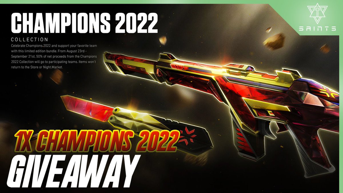 SaintsOfficiaI's tweet image. ✨Champions 2022 GIVEAWAY✨

🎉Join the discord and react in the giveaway channel to be added into the randomiser! discord.gg/ZkWy2rBQMa
✅Follow @Saints_eSports_ &amp;amp; @Drenifel
❤️LIKE + RT♻️
🫂Tag your duo
🆔Add your Discord ID: ___

⏰Ends on 09/02⏰| #valorantgiveaway #VALORANT