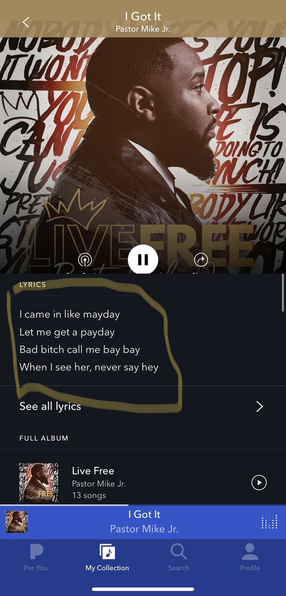QueenB2x's tweet photo. Now why @pandoramusic got these lyrics on @PastorMikeJr song?? 🤔😳 https://t.co/zr7bKFioAy