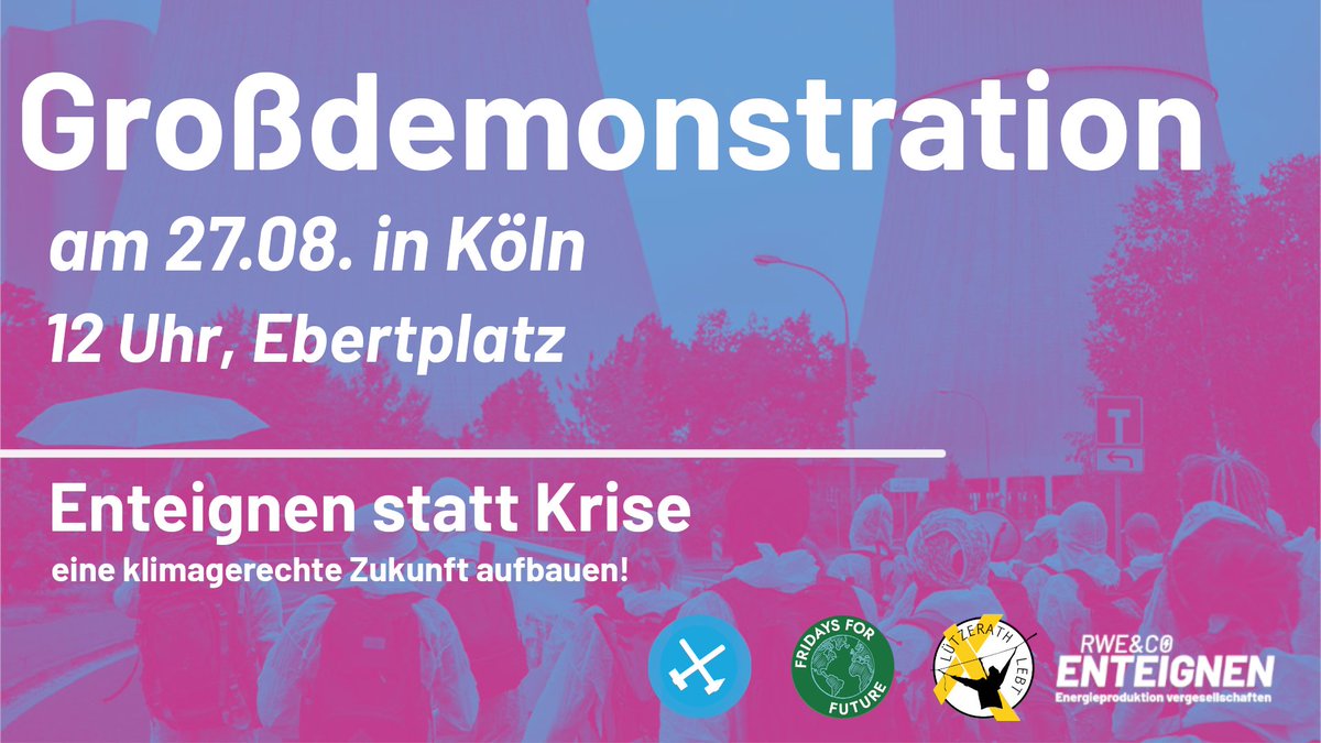 Während RWE Menschen für unnötigen Kohleabbau und den eigenen Profit aus ihrem Zuhause enteignet, gehen wir am Samstag mit <a href="/rweenteignen/">RWE & Co enteignen</a> @LuetziBleibt &amp; <a href="/Ende__Gelaende/">Ende Gelände</a> in Köln für die Vergesellschaftung der Energieproduktion auf die Straße. Seid dabei!