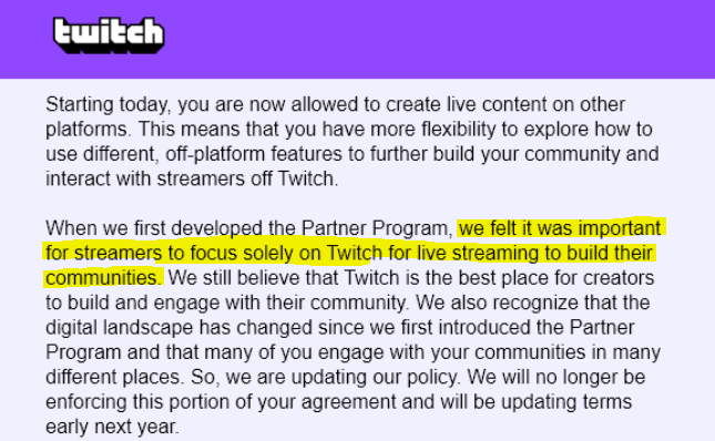 Twitch will allow partners to stream on other platforms now